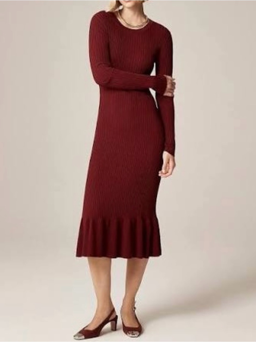 J.Crew NWT Super stretch ruffle Sheath Dress L Large Knit Inky Burgundy Midi